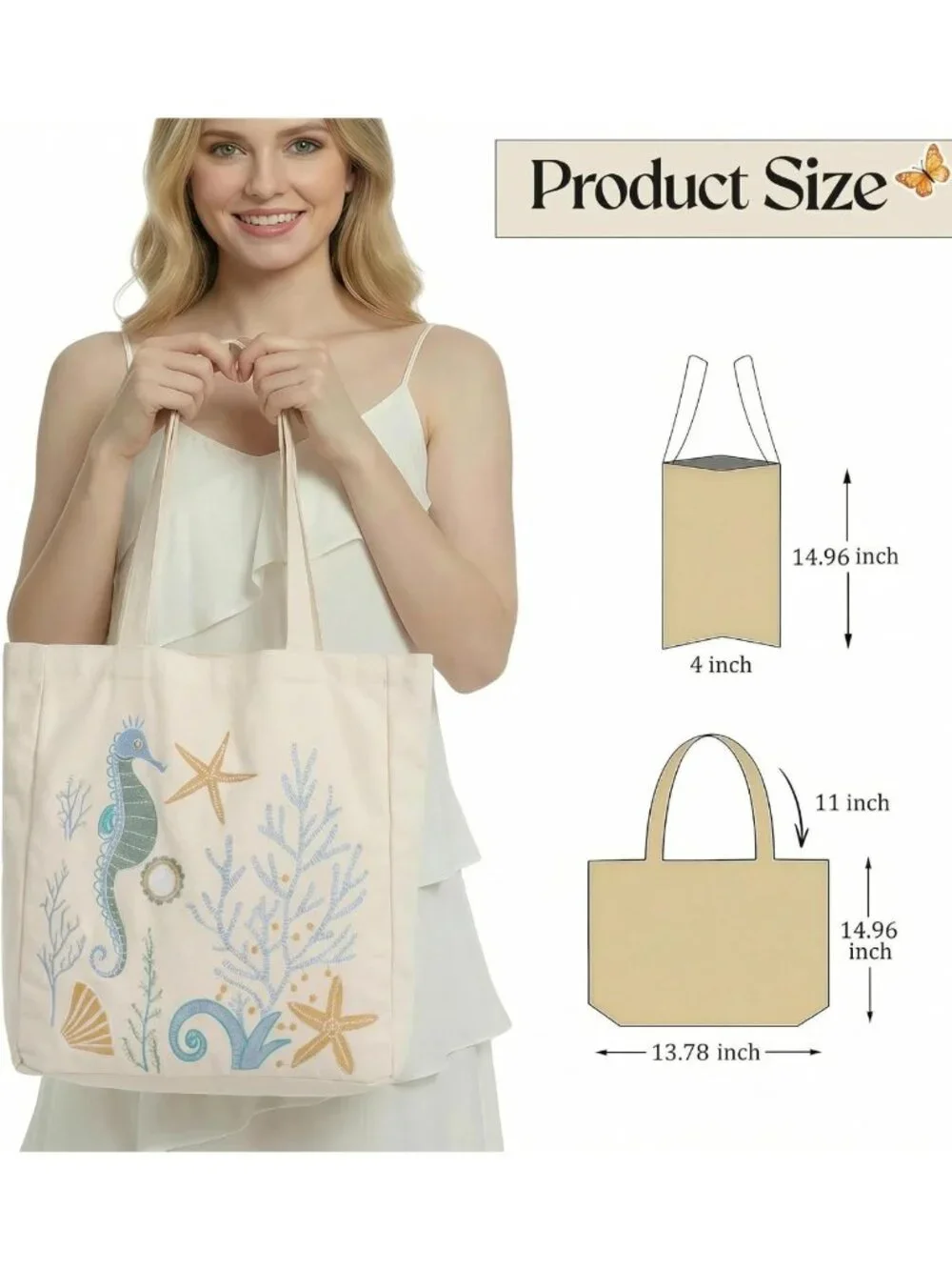 Ocean-Inspired Embroidered Tote Bag for Women | Summer Canvas Beach & Grocery